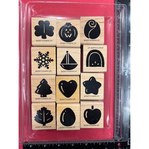 Vintage 1997 Stampin Up! Seasonal Solids Wood Mounted Rubber Stamp Set Of 12 - Picture 1 of 3